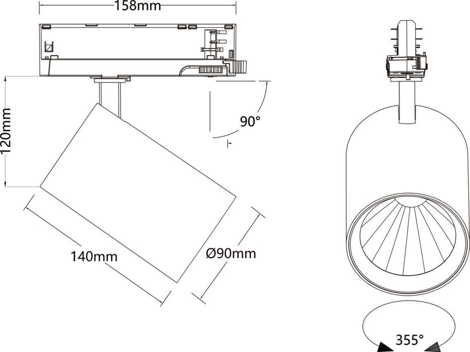 Technical drawing of a track light showing dimensions and rotation angles.