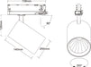 Technical drawing of a track light fixture showing dimensions and rotation angles.