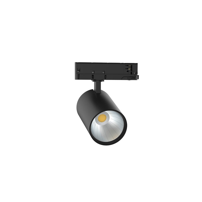 Black track lighting fixture, cylindrical head, aluminum housing, matte finish.