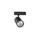 Black track lighting fixture, cylindrical head, aluminum housing, matte finish.