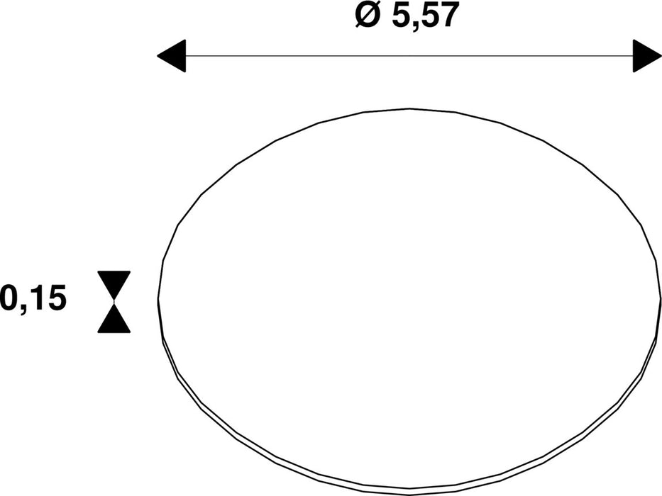 Technical drawing of an oval shape with dimensions 5.57 and 0.15.