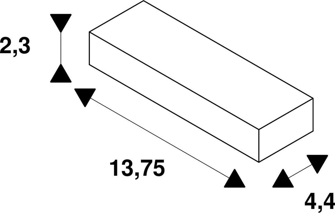 Technical drawing of a rectangular block with dimensions 2.3, 13.75, and 4.4.
