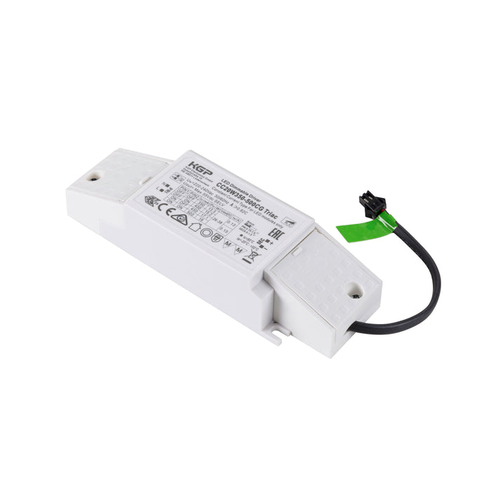 White plastic KGP LED dimmable driver, model CC20W350-500CG Triac, with mounting holes and black wire.
