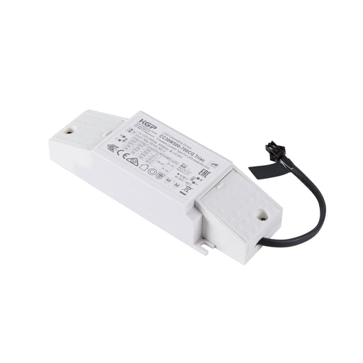 White plastic KGP CC30W500-700CG Triac LED dimmable driver with black cable.