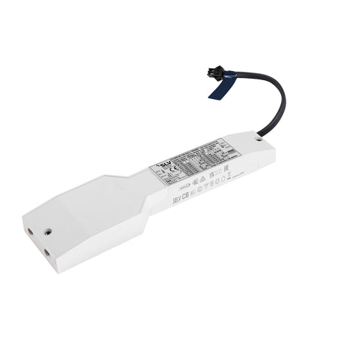 White plastic LED driver with black cable; SELV CB EL model.