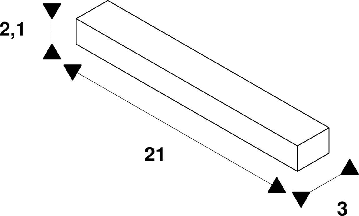 Technical drawing of a white rectangular bar with dimensions 2.1, 21, and 3.