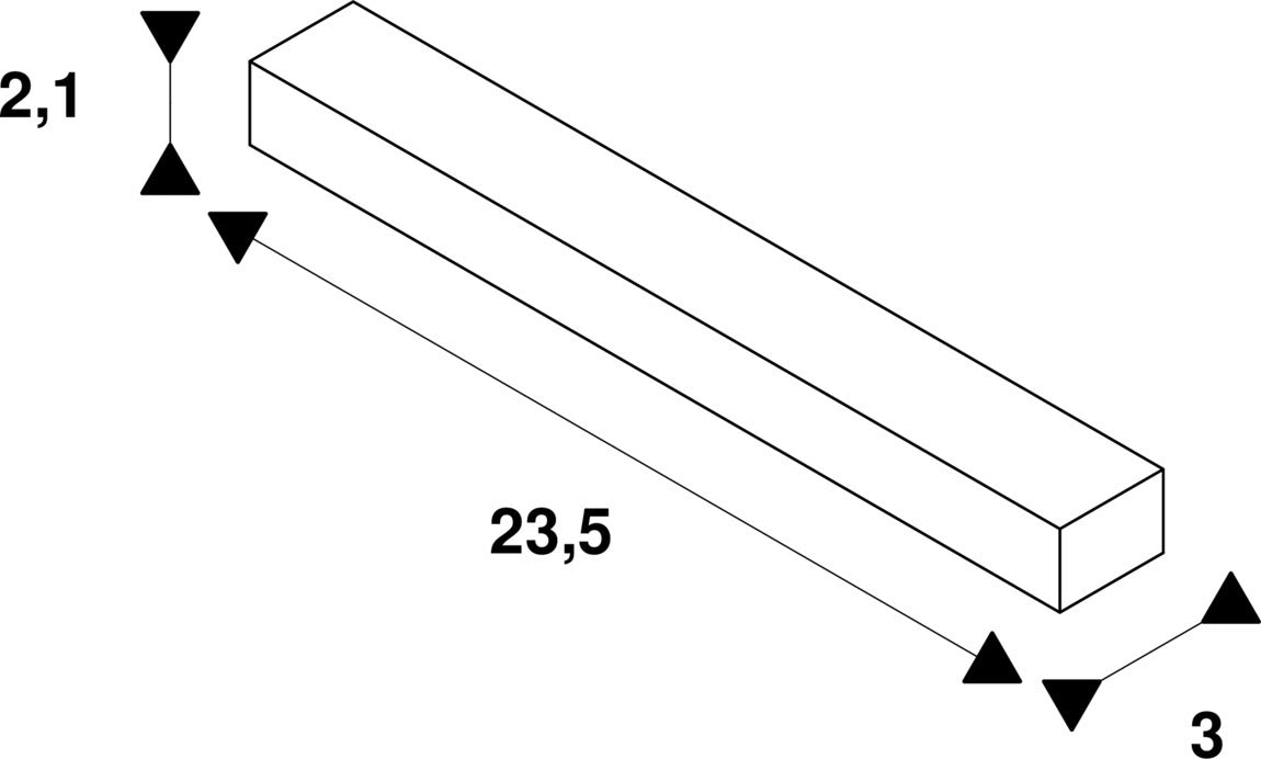 Technical drawing of a white rectangular bar with dimensions 2.1, 3, and 23.5.