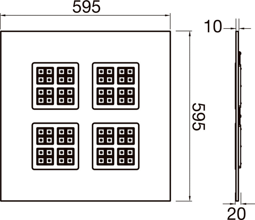 Technical drawing of a square, flush-mounted light fixture with four square light arrays, showing dimensions.
