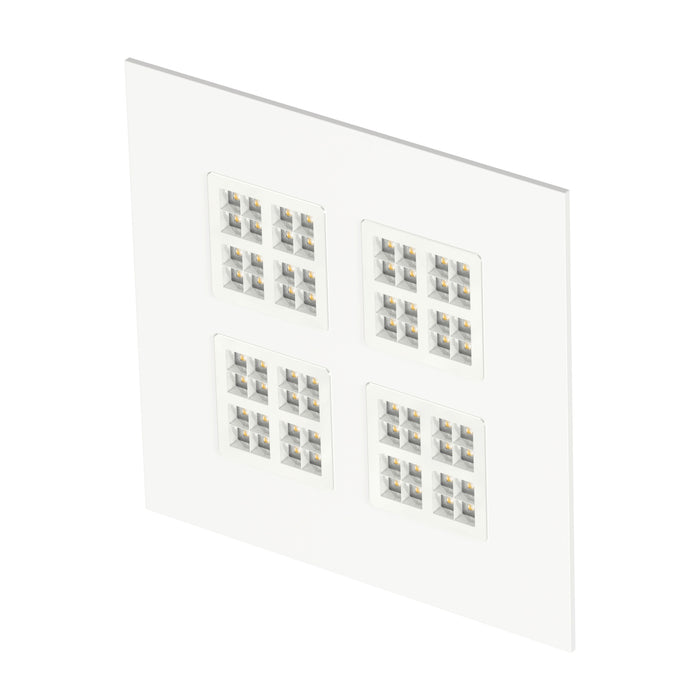 White recessed LED ceiling light fixture with square grid design.