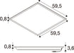 Technical drawing of a square LED panel light, dimensions 59.5 x 59.5 cm, 3.6 cm thick.