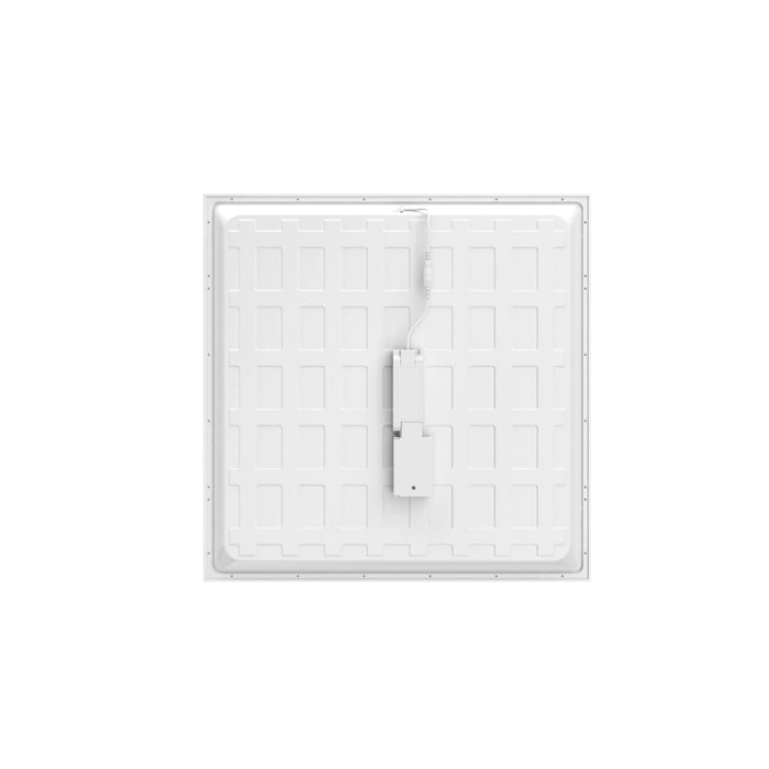 White LED panel light, back view, showing wiring and mounting points.