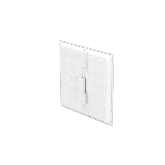 Back of a white LED panel light, showing the mounting hardware.