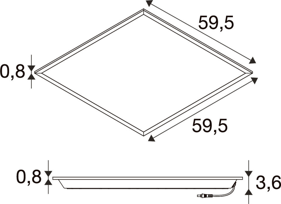 Technical drawing of a square LED panel light, dimensions 59.5 x 59.5 cm, 3.6 cm thick.