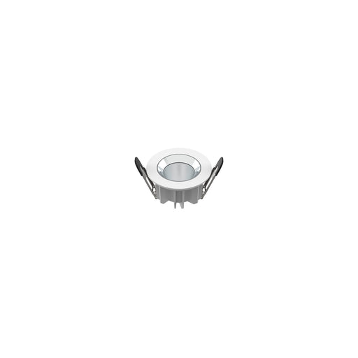 White recessed downlight fixture with silver trim.