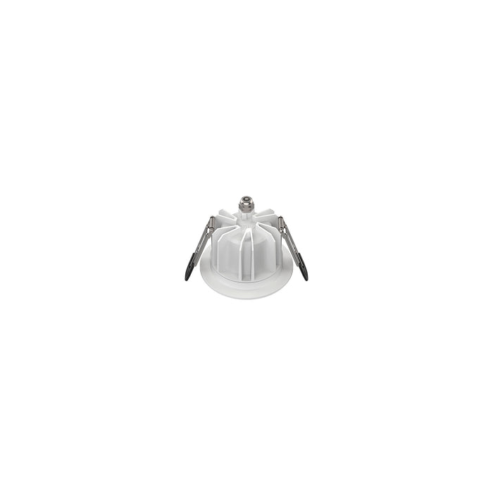White recessed ceiling light fixture with metal spring clips.