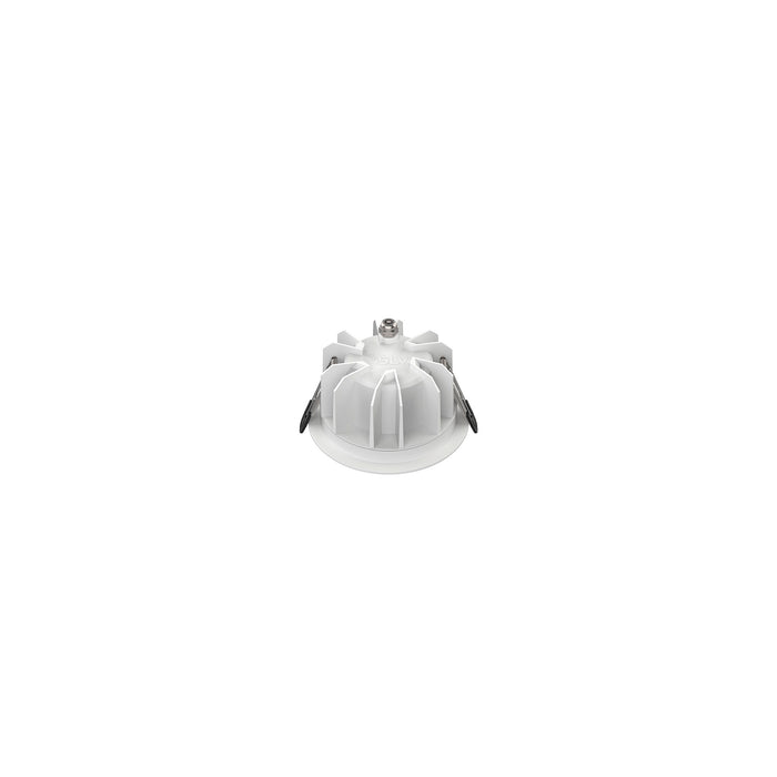 White recessed ceiling light fixture with metal spring clips.