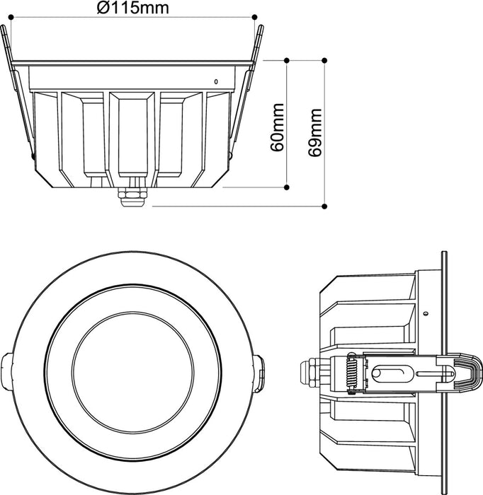 Technical drawing of a recessed light fixture showing dimensions and mounting details.
