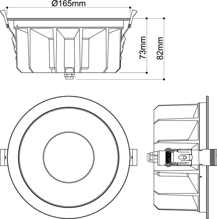 Technical drawing of a recessed downlight fixture with dimensions.