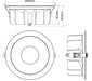Technical drawing of a recessed round downlight with dimensions.