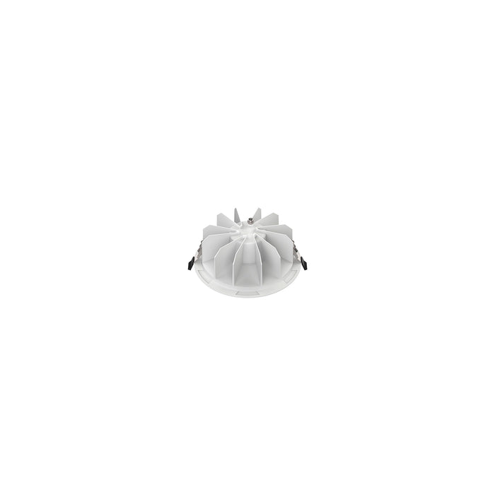 White recessed ceiling light fixture with heat sink.
