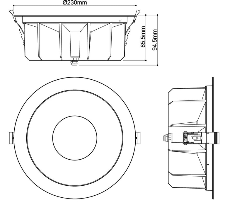 Technical drawing of a recessed round light fixture with dimensions.