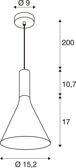 Technical drawing of a cone-shaped pendant light fixture with dimensions.