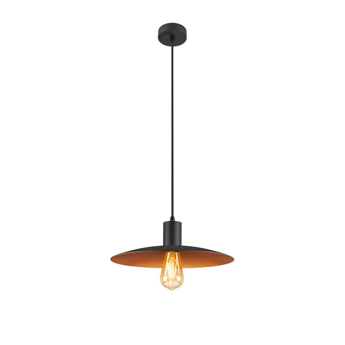 Black metal pendant light fixture with gold interior shade.