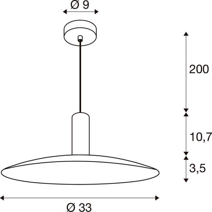 Technical drawing of a pendant light fixture with dimensions.