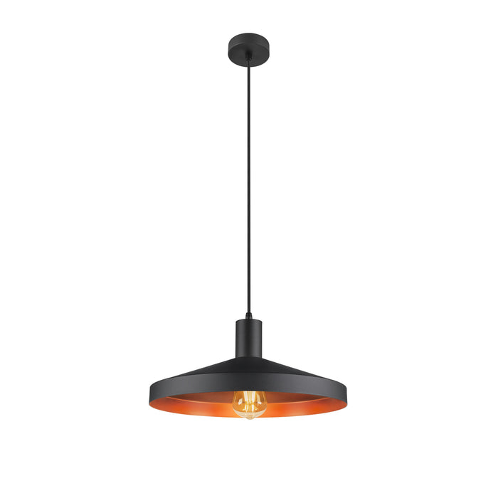 Black metal pendant light fixture with a copper-colored interior.