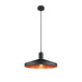 Black metal pendant light fixture with a copper-colored interior.