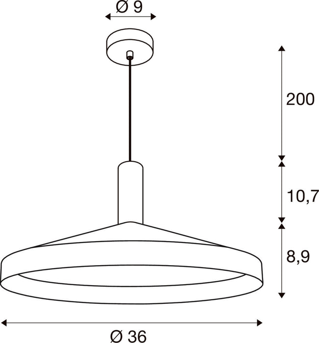 Technical drawing of a pendant light fixture with dimensions.