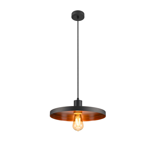 Black metal pendant light fixture with copper interior.