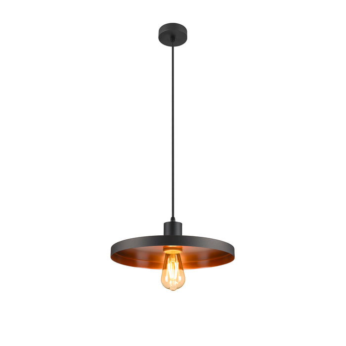 Black metal pendant light fixture with copper interior.