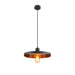 Black metal pendant light fixture with copper interior.