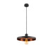 Black metal pendant light fixture with copper interior.