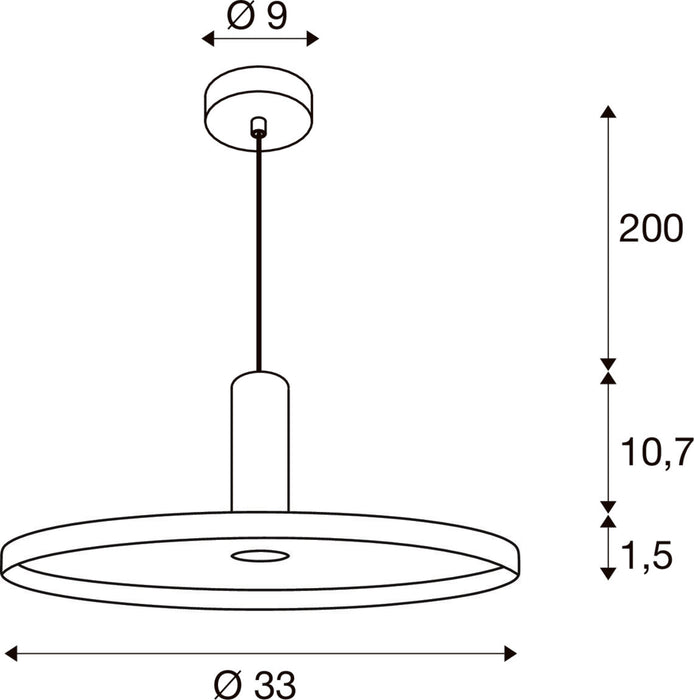 Technical drawing of a ceiling-mounted pendant light fixture with dimensions.