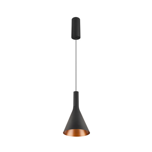 Modern pendant light fixture, black metal with copper interior, ceiling mounted.