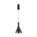 Black metal pendant light fixture with a copper-colored interior.