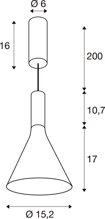 Technical drawing of a pendant light fixture showing dimensions.