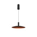 Modern pendant light fixture, metal with black finish, disc shade with warm interior, ceiling mounted.