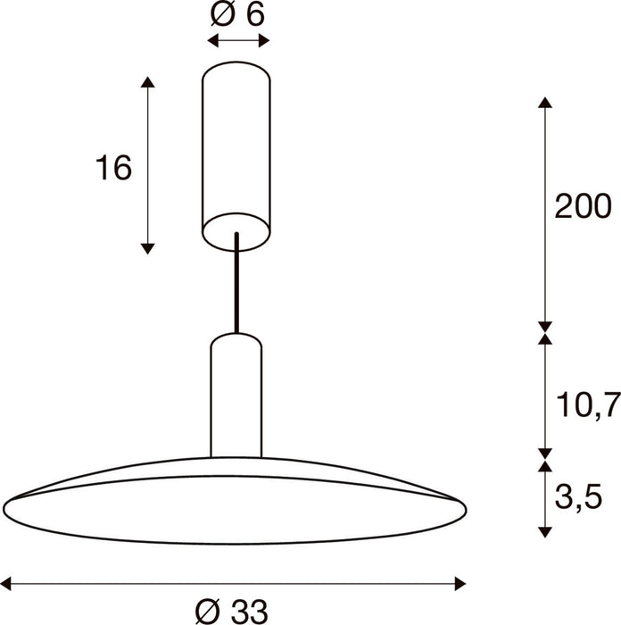 Technical drawing of a pendant light fixture with dimensions.