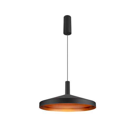 Modern metal pendant light fixture, black finish with gold interior.