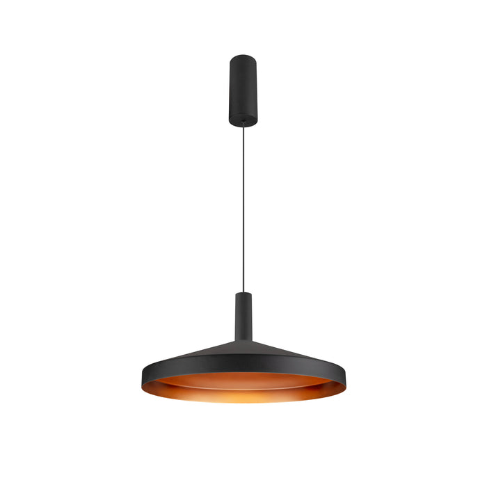 Modern metal pendant light fixture, black finish with gold interior.