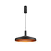 Modern metal pendant light fixture, black finish with gold interior.