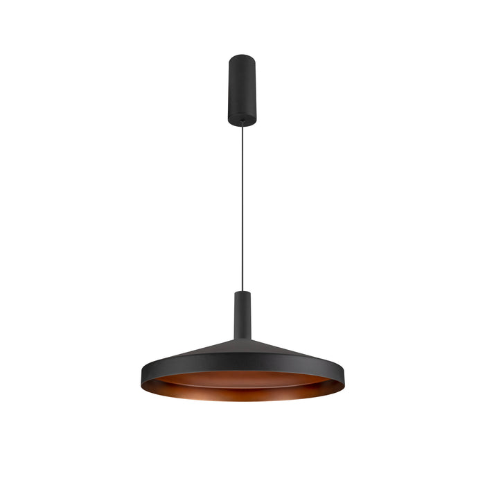 Modern metal pendant light fixture, matte black finish with copper interior.