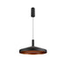 Modern metal pendant light fixture, matte black finish with copper interior.