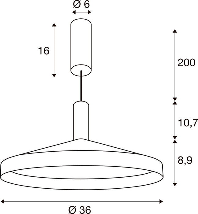 Technical drawing of a pendant light fixture with dimensions.