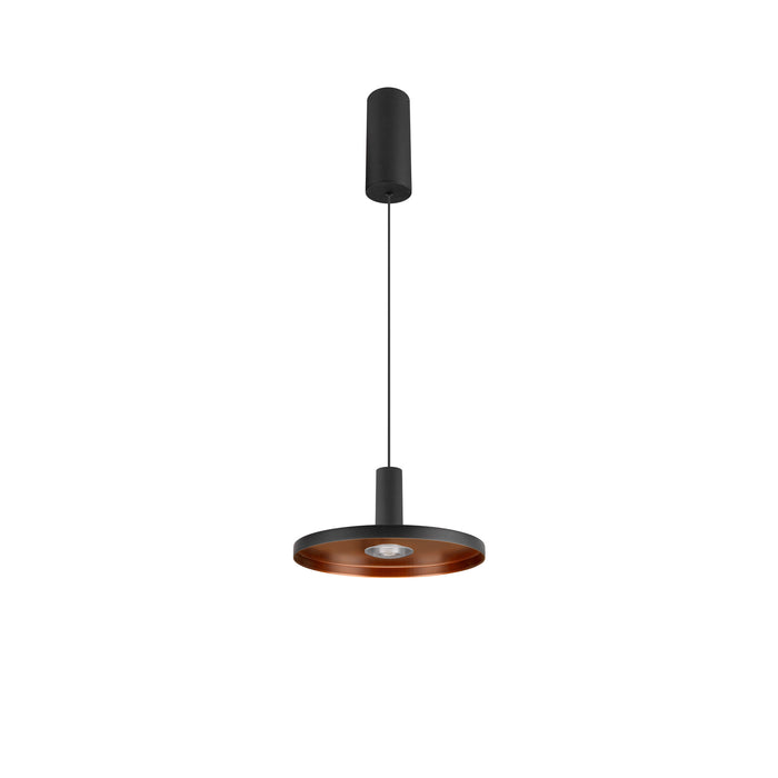 Modern pendant light fixture, black finish with copper interior, ceiling mounted.