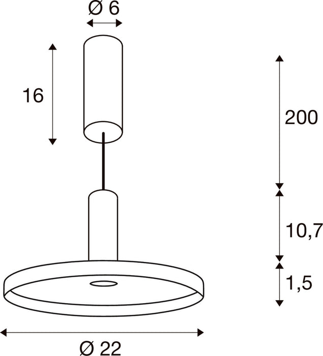 Technical drawing of a pendant light fixture with dimensions.