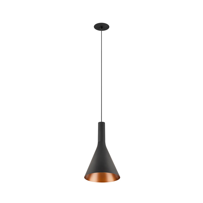 Black metal pendant light fixture with a copper-colored interior, ceiling mounted.